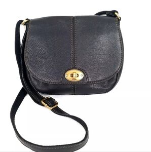 Fossil Black Leather Saddle Handbag Shoulder Crossbody Flap Over Brass Turnlock